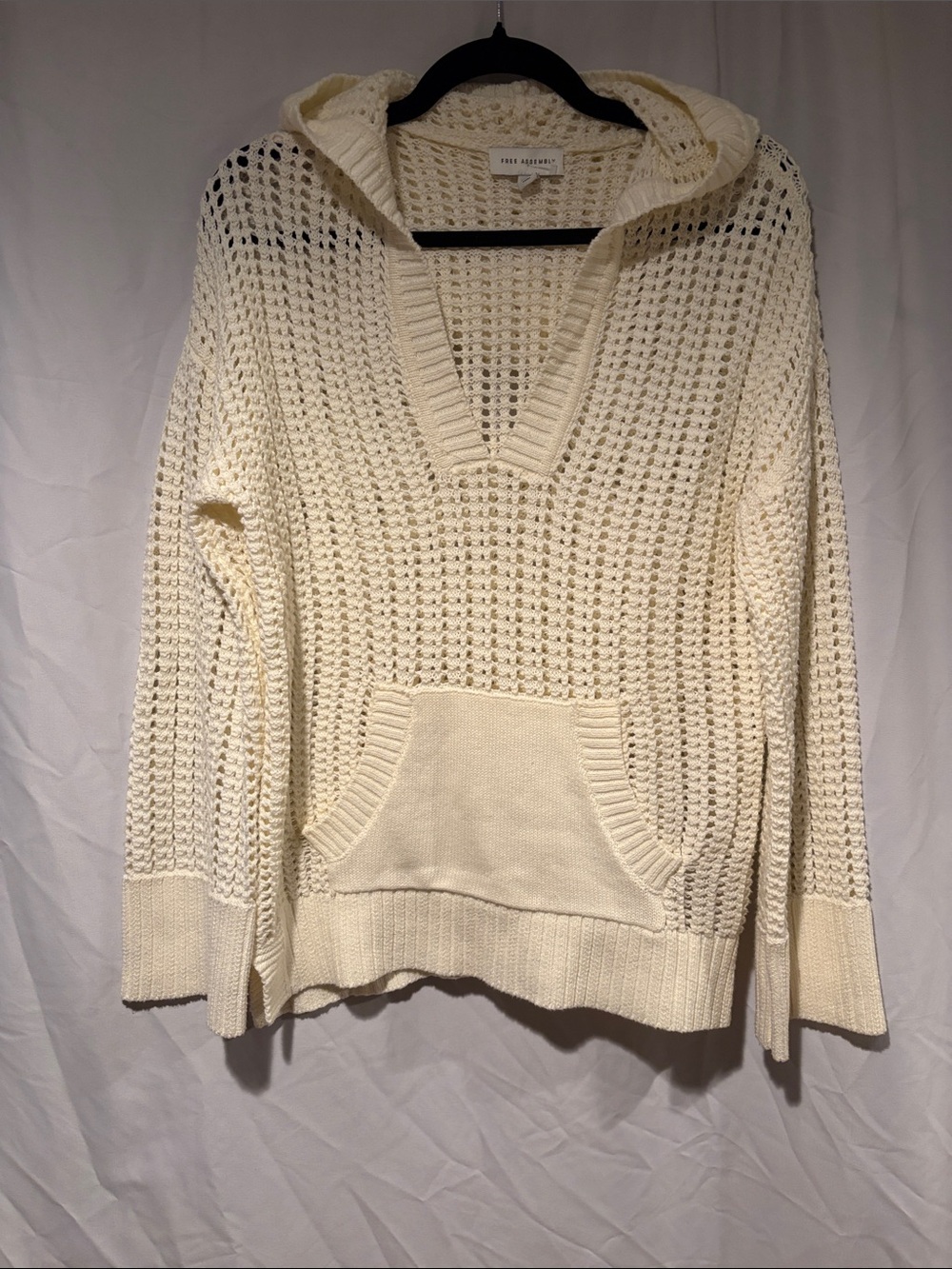 Open-Knit Cream Hoodie Sweater with Kangaroo Pocket